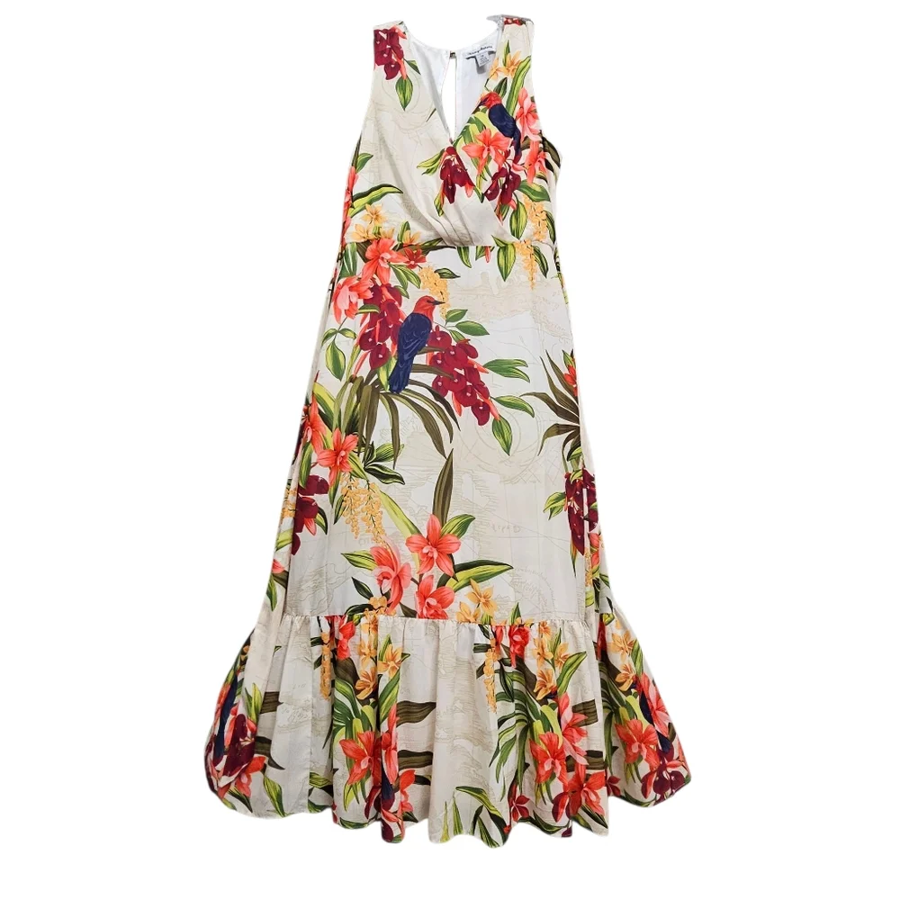 Tommy Bahama Tropical  Nwot V Neck Ruffle Hem Sleeveless Resortwear Mididress_5